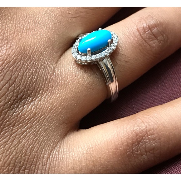 Sterling Silver Oval Turquoise CZ Ring Size 6 - Picture 3 of 14